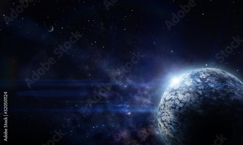 abstract space illustration, moon planet and blue light from stars © pechenka_123