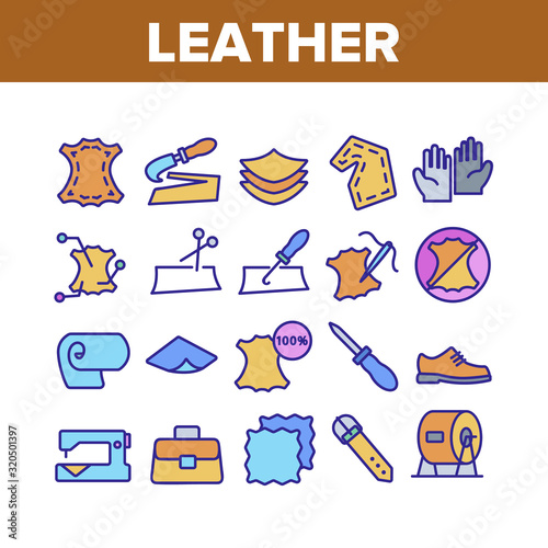 Leather Cloth Material Collection Icons Set Vector. Leather Shoe And Bag, Belt And Gloves, Knife And Scissors, Sewed Needle With Thread Concept Linear Pictograms. Color Contour Illustrations