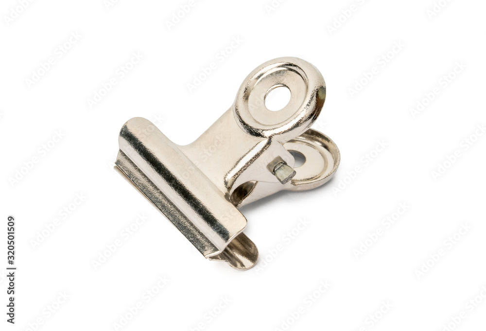 Metal bulldog clip isolated on white background with clipping path.