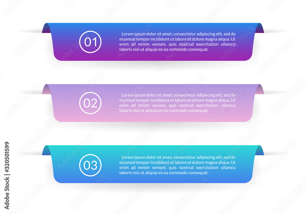 Ribbon banner design. Infographic labels or tabs with 3 options, levels or steps and space for text. Graphic elements for web, information brochure and business presentation. Vector illustration - obrazy, fototapety, plakaty 