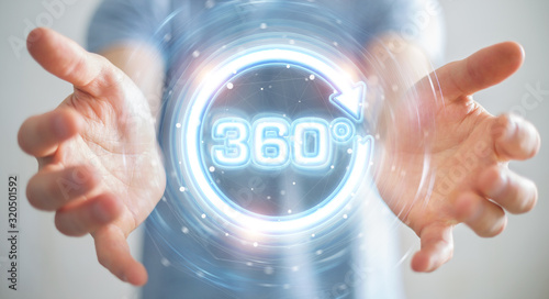 Vászonkép Man using 360 degree virtual reality neon interface 3D rendering