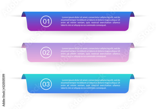 Ribbon banner design. Infographic labels or tabs with 3 options, levels or steps and space for text. Graphic elements for web, information brochure and business presentation. Vector illustration