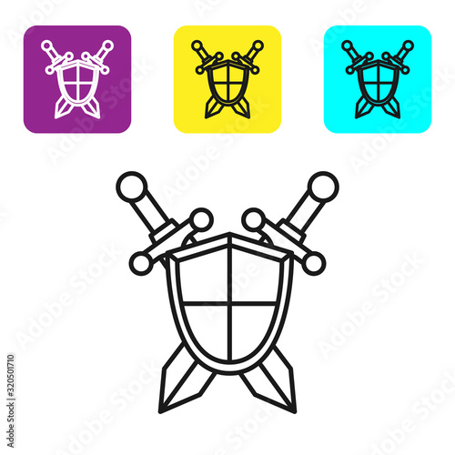 Black line Medieval shield with crossed swords icon isolated on white background. Set icons colorful square buttons. Vector Illustration