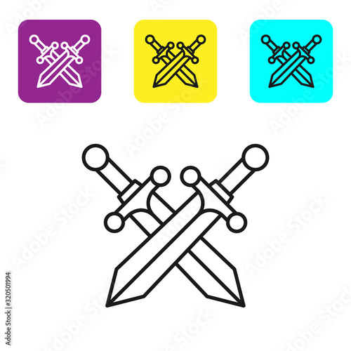 Black line Crossed medieval sword icon isolated on white background. Set icons colorful square buttons. Vector Illustration