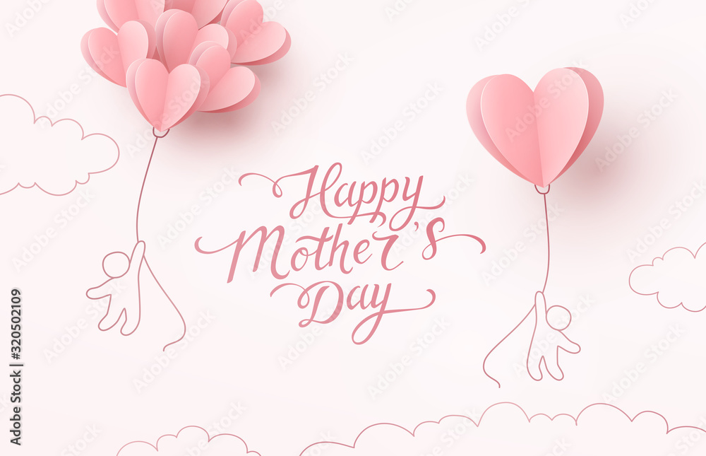 Postcard with flying children and paper balloons on pink background. Vector symbols of love in shape of heart for Happy Mother's Day greeting card design..
