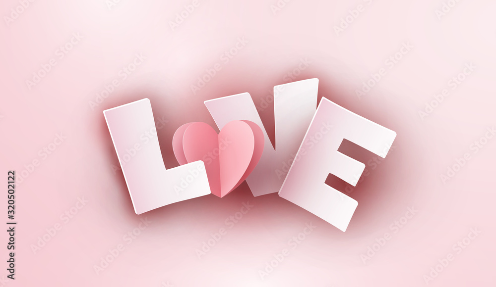 Abstract pink background. Vector love with flying paper heart for Happy ...