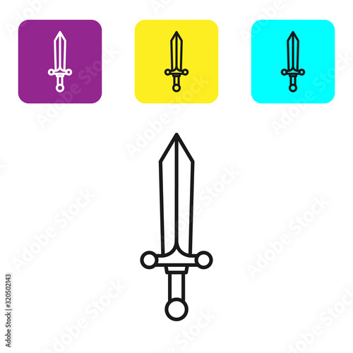 Black line Medieval sword icon isolated on white background. Set icons colorful square buttons. Vector Illustration