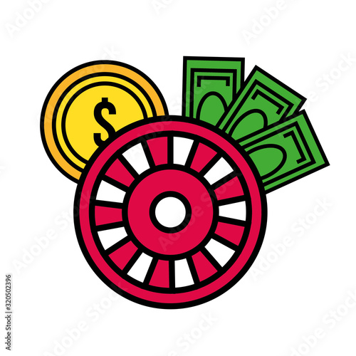 roulette wheel casino with coins and bills