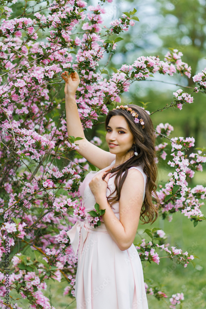 A beautiful romantic girl in a pink delicate dress stands in the spring near a Bush of pink weigela flowers and smiles A beautiful romantic girl in a pink delicate dress stands in the spring near a Bush of pink weigela flowers and smiles