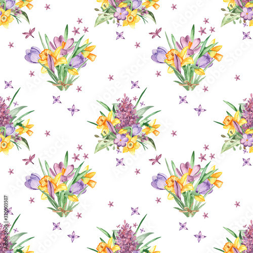 Watercolor seamless pattern with bouquets of crocus, daffodil, lilac on a white background © MarinaErmakova