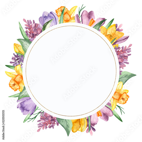 Watercolor round golden frame with flowers and leaves of daffodil, lilac and crocus