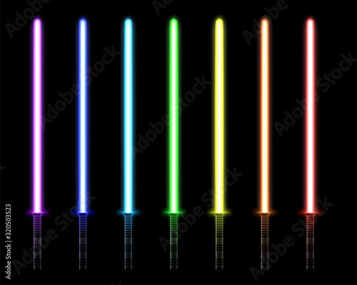 Glowing light sword. Laser saber melee weapon for taking a close fights during a war among the stars.