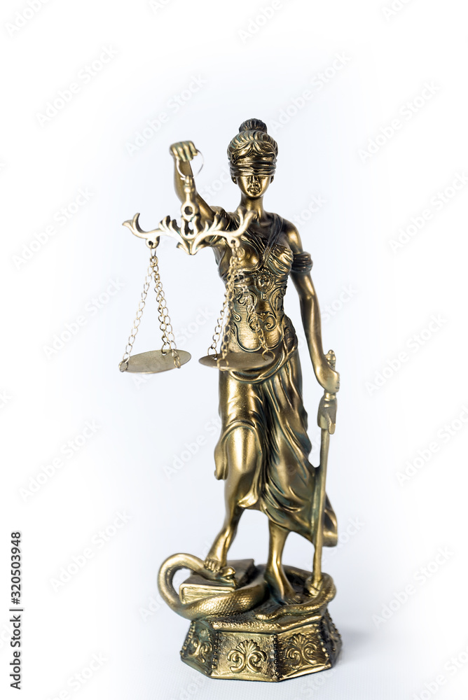 Statue of justice. Law and justice concept. White background with copy space.