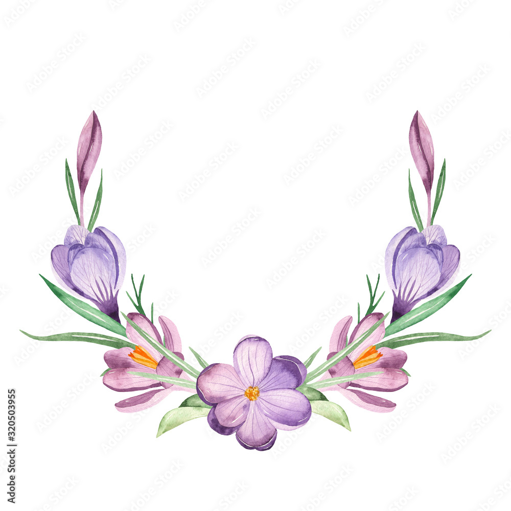 Watercolor wreath with flowers and crocus leaves