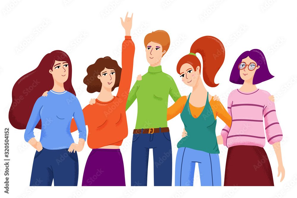 Fototapeta premium Group of young women, friends hugging each other and smiling, half length standing portrait, vector illustration isolated on white background. Group of female friends, women hugging and smiling