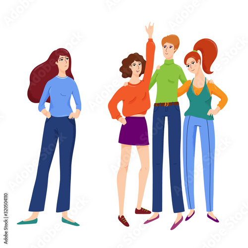 Group of friends hugging each other and girl, woman standing alone, feeling lonely, outsider concept, vector illustration isolated on white background. Lonely woman and group of hugging friends
