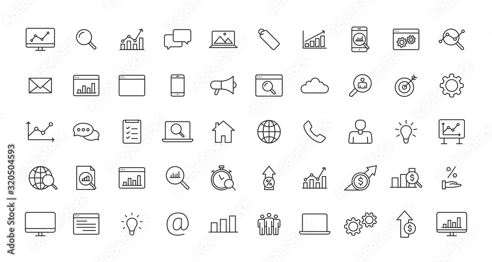 Set of SEO and Development web icons in line style. Contact, Target, Website. Vector illustration.