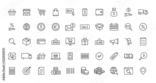Set of E-commerce and shopping web icons in line style. Mobile Shop, Digital marketing, Bank Card, Gifts. Vector illustration.