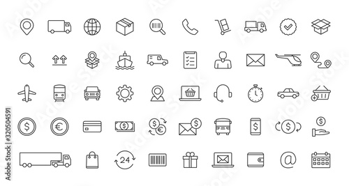 Set of Delivery and logistics web icons in line style. Courier, shipping, express delivery, tracking order, support, business. Vector illustration.