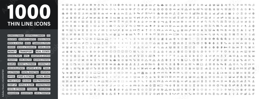 Big set of 1000 thin line Web icon. Business, finance, shopping, logistics, medical, health, people, teamwork, contact us, arrows, electronics, social media, education, management. Vector collection.