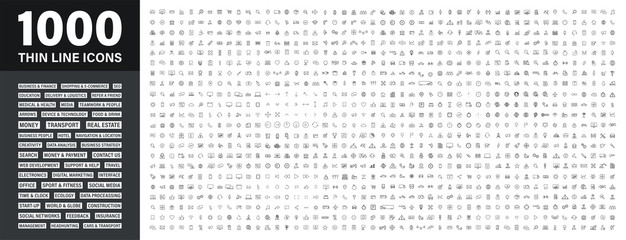 Big set of 1000 thin line Web icon. Business, finance, shopping, logistics, medical, health, people, teamwork, contact us, arrows, electronics, social media, education, management. Vector collection.