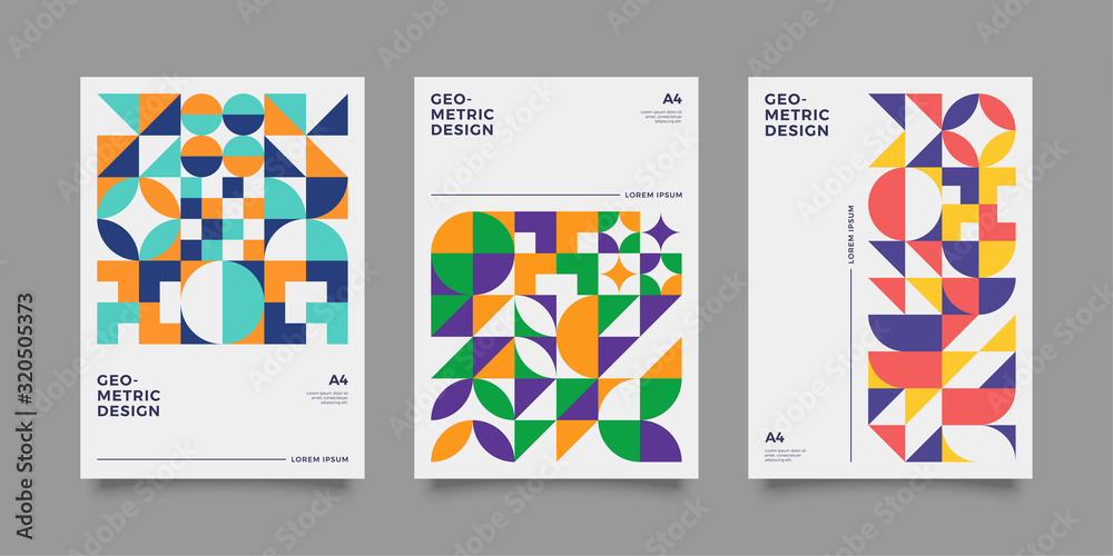 Placard templates set with Geometric shapes, Retro bauhaus swiss style flat and line design elements. Retro art for covers, banners, flyers and posters. Eps 10 vector illustrations