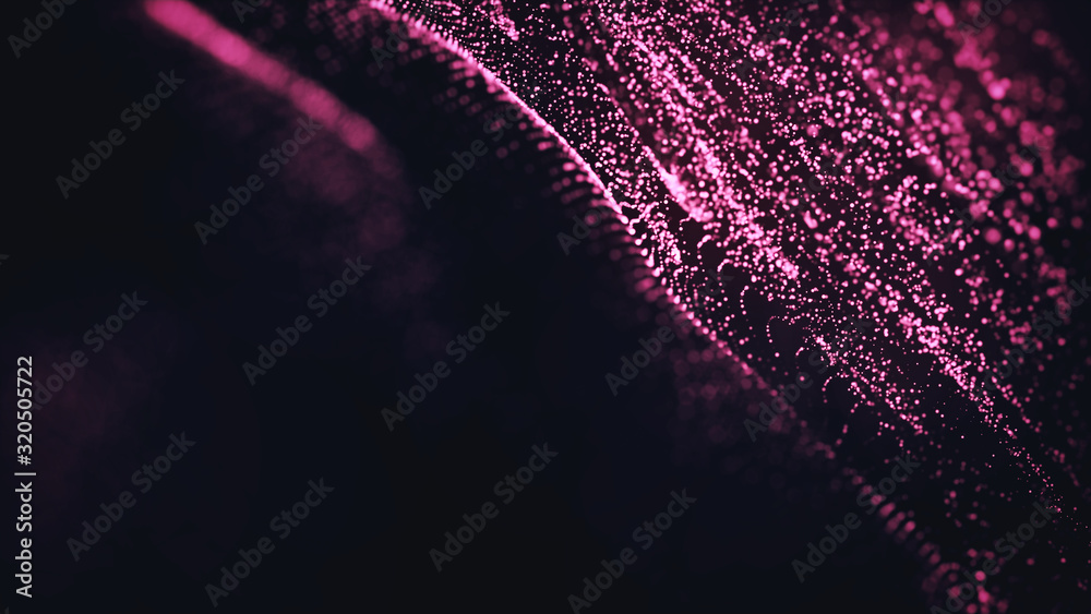 Abstract fairytale background and texture, pink and magenta tones.Thousand small glowing particles flying  black background