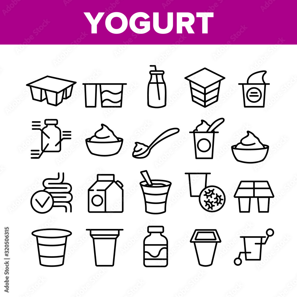 Yogurt Dairy Nutrition Collection Icons Set Vector Thin Line. Yogurt On Spoon And In Bottle With Tube, Human Organ Intestines Concept Linear Pictograms. Monochrome Contour Illustrations