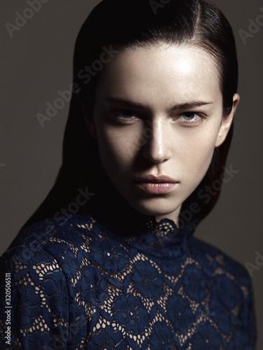 close-up beauty portrait of fashion model. Studio portrait of young beautiful woman