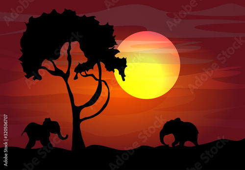 African safari theme with elephants in front of the full moon in a beautiful place  vector illustration.