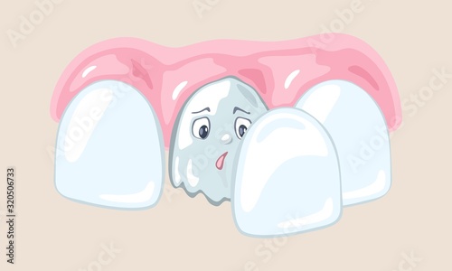 Bad tooth is among healthy teeth. Installation of veneer, implant, whitening procedure. Painless solution of dental problems. Vector cartoon illustration isolated on white background.