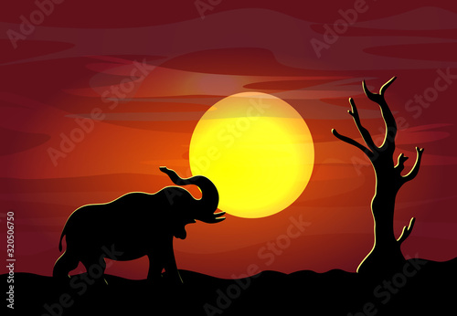 African safari theme with elephant against the background of a big moon in a beautiful place  vector illustration.
