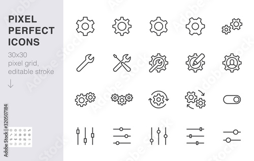 Gear, cogwheel line icons set. App settings button, slider, wrench tool, fix concept minimal vector illustrations. Simple flat outline signs for web interface. 30x30 Pixel Perfect. Editable Strokes photo