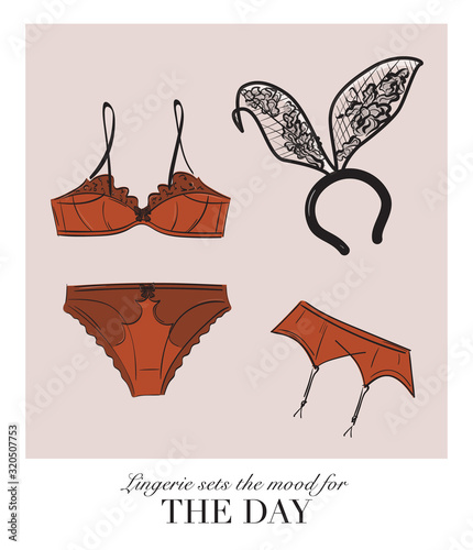 Sexy lingerie set, bra and undies underwear collection with bunny ears playtime illustration. Plus size undergarment collection with quote text. Lingerie store luxury design