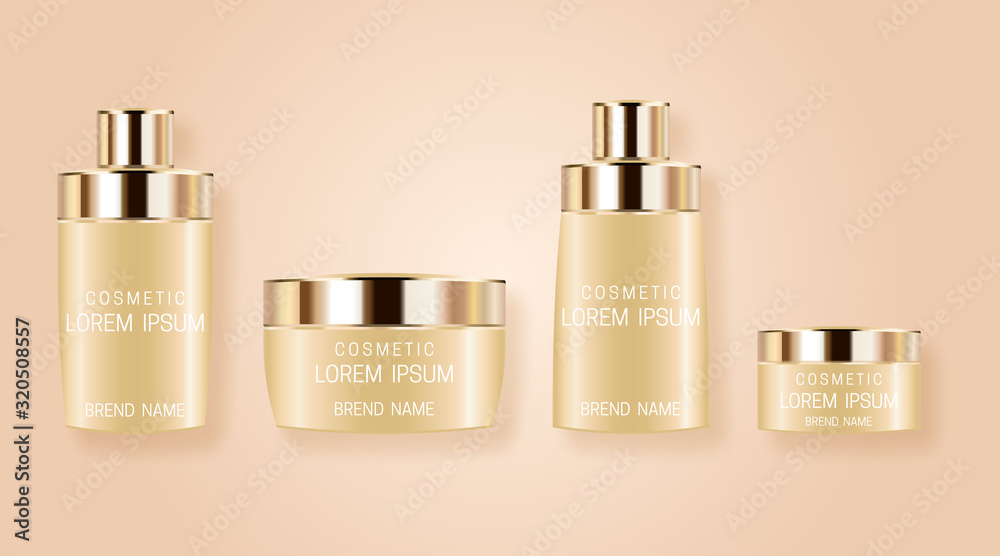 Set of realistic bottles for cosmetic products. Design of beautiful beige packaging with gold cap on pink background. Vector illustration.
