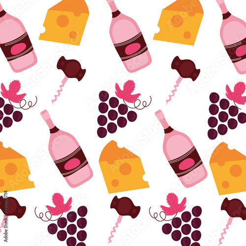 grapes with wine bottles and cheese pattern background