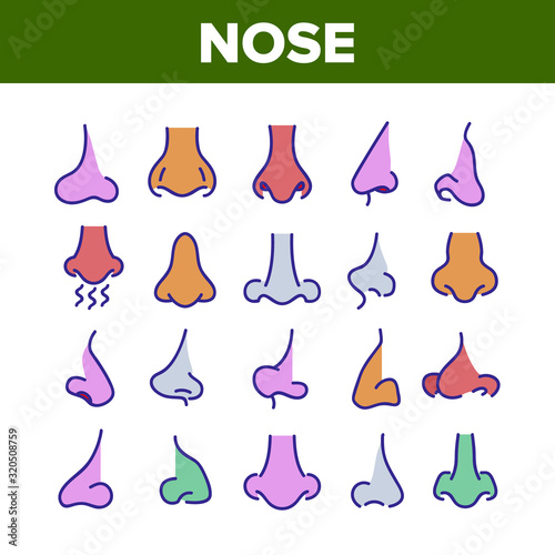 Nose Human Face Organ Collection Icons Set Vector Thin Line. Nose Anatomy Body Part In Different Form, Allergic Sick Nasal Concept Linear Pictograms. Color Contour Illustrations