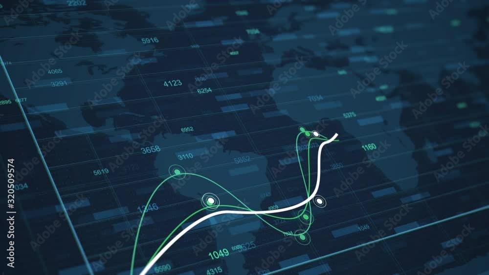 4K Business animation of a growing graph and Success Arrow of a currency rate or income. Economics infographics with world statistics of global data. Motion background with changing dots on the curve
