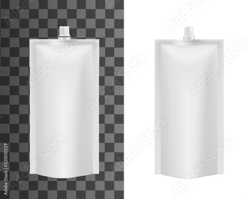 Foil sachet bag, liquid soap or food sauce package mockup template. Vector isolated 3D white doypack of ketchup, mayonnaise or jam and cosmetic cream pouch package with cap