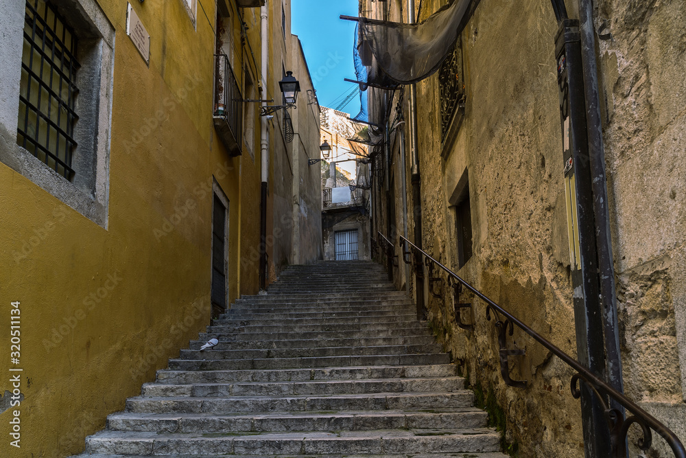 Narrow Passageway in jewish quarter of Girona - the old town of Catalonia, Spain .