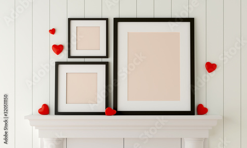 Three Black picture frame placed on the fireplace in white room with mini red heart. Valentine sweet concept.