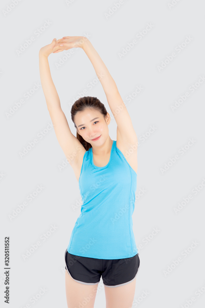 Beautiful young asian woman in sport standing stretch muscle arm workout with healthy isolated on white background, girl wear shape fit warm up and exercise and yoga for health, wellness concept. Beautiful young asian woman in sport standing stretch muscle arm workout with healthy isolated on white background, girl wear shape fit warm up and exercise and yoga for health, wellness concept.