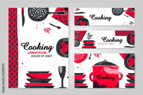 Set of restaurant menu, cooking brochure, flyer design templates in A4 size and web banners. Vector illustrations, posters for food marketing material, ads, presentation templates, cover
