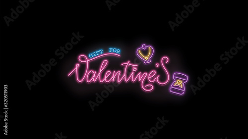 Gift for Valentine's text and sign neon light on black background, holidays and international calendar events, sales and marketing 3D neon light illustration.