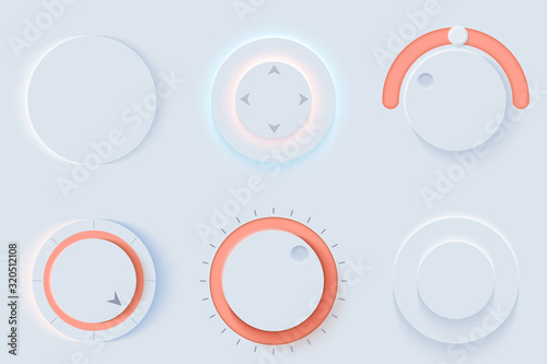 Neumorphic UI circle Light color set. Workflow graphic elements in Skeuomorph Trend Design. Circular Elements for smart technology and applications. Editable Vector illustration.