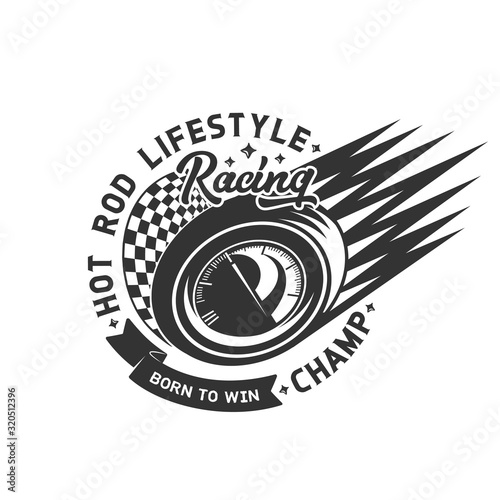 Car races emblem, rally championship and fast motor sport tournament icon. Vector street racing and drift club sign, sport car wheel with speedometer, fire burn ribbon and checkered finish flag