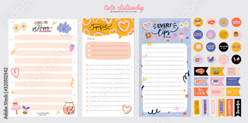 Collection of weekly or daily planner, note paper, to do list, stickers templates decorated by cute love illustrations and inspirational quote. School scheduler and organizer. Flat vector