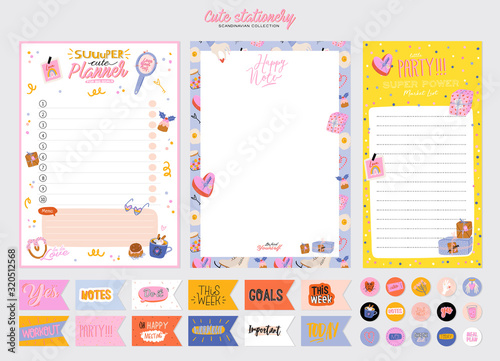 Collection of weekly or daily planner, note paper, to do list, stickers templates decorated by cute love illustrations and inspirational quote. School scheduler and organizer. Flat vector