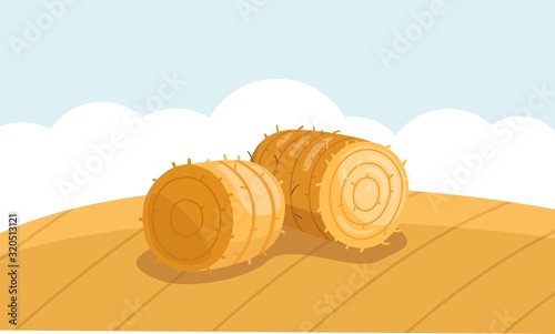 Round Hay Bale in Field in flat style. A stack of hay vector illustration