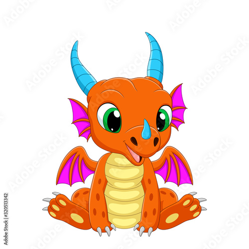 Cartoon baby dragon sitting on white background